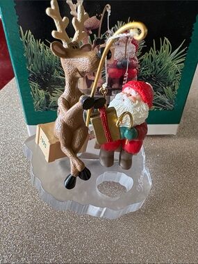 Holiday Santa & Reindeer Ornament - Red and Brown Fishing for Fun